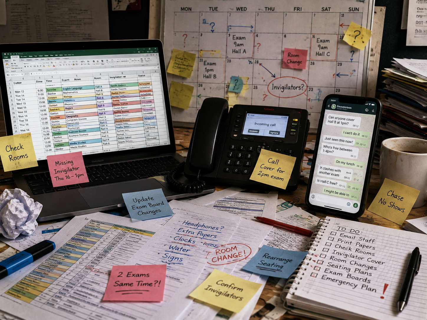 A desk buried under exam-day chaos: a colour-coded spreadsheet, a wall calendar
                      scrawled with question marks, sticky notes reading Missing Invigilator and Chase
                      No Shows, and a phone mid-thread asking who can cover Hall B